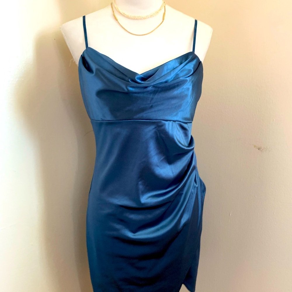 Blue Asymmetrical Ruched Mini Dress size L